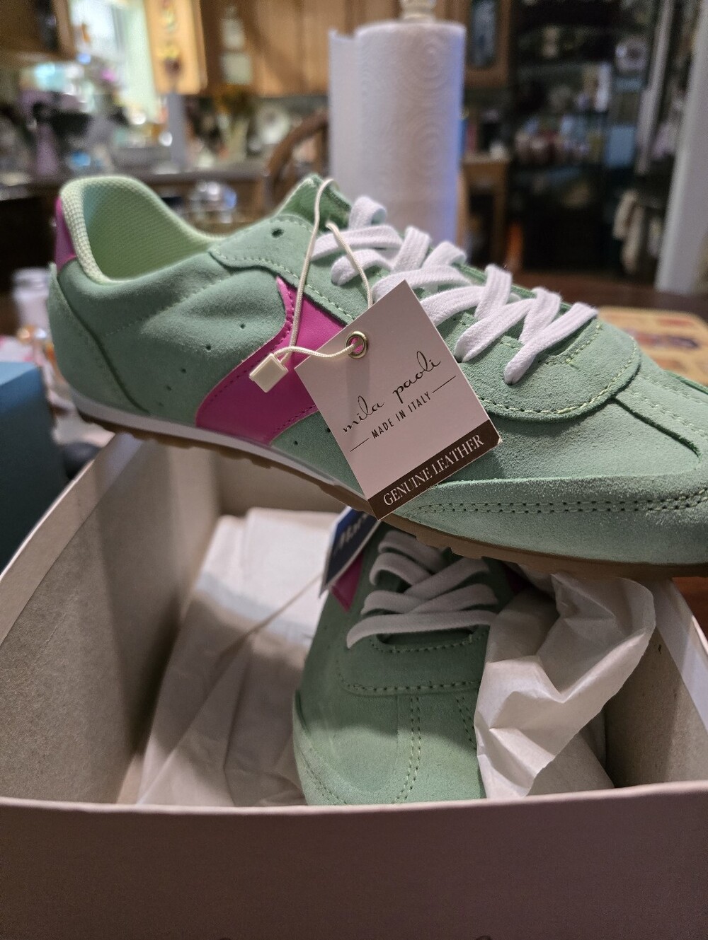 Mila Paoli Mint Suede Sneakers with Pink Accent